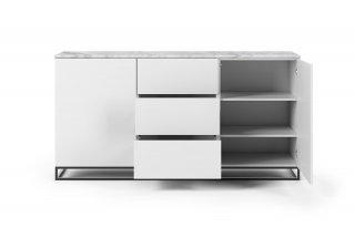 Buffet WHITY 2 blanc mat 180cm 2 portes/3 tiroirs Plateau en Marbre blanc avec piètement noir